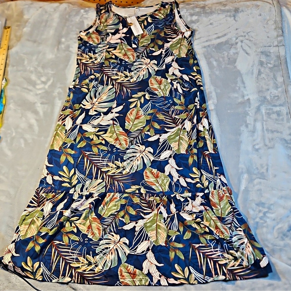 WNEEDU Womens Maxi Dress Size M Blue Tropical Floral Sleeveless Pockets